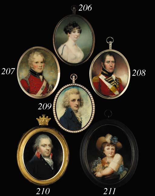 William Grimaldi - Sir Thomas Hanmer, Bt. (1747-1828), facing right in blue coat with silver buttons and red collar, white waistcoat and frilled cravat, powdered hair