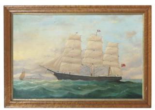 William H. Davison - A three-masted barque in full sail off a coastline