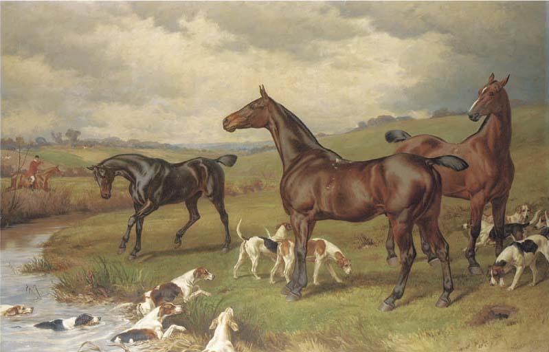 William H. Hopkins - A Hunting Scene, With Horses And Hounds In The Foreground, And A Hunt Beyond