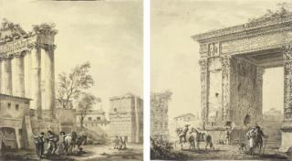 William Hamilton, R.A. - Figures before the Arch of Septimius Severus, the Forum, Rome; and Figures by the Temple of Saturn, the Forum, Rome