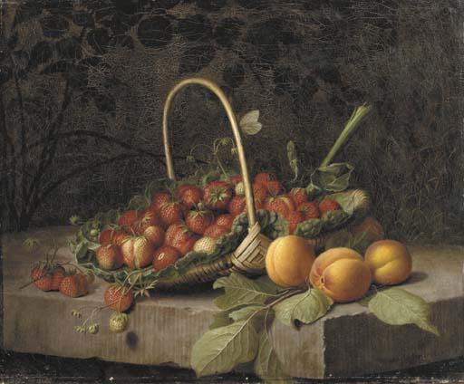 William Hammer - A Basket of Strawberries and Peaches on a Stone Ledge
