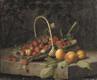 William Hammer - A Basket of Strawberries and Peaches on a Stone Ledge
