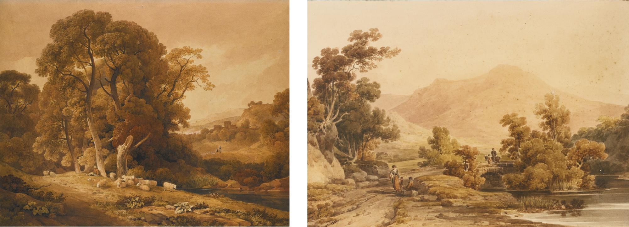 William Havell, O.W.S. - A Shepherd With His Flock In A Wooded River Landscape