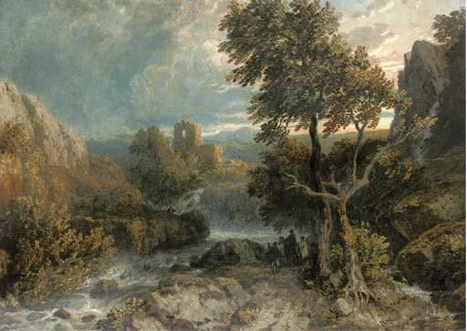 William Havell - Travellers Beside A River Before Castle Ruins At Dusk