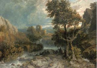 William Havell - Travellers Beside A River Before Castle Ruins At Dusk