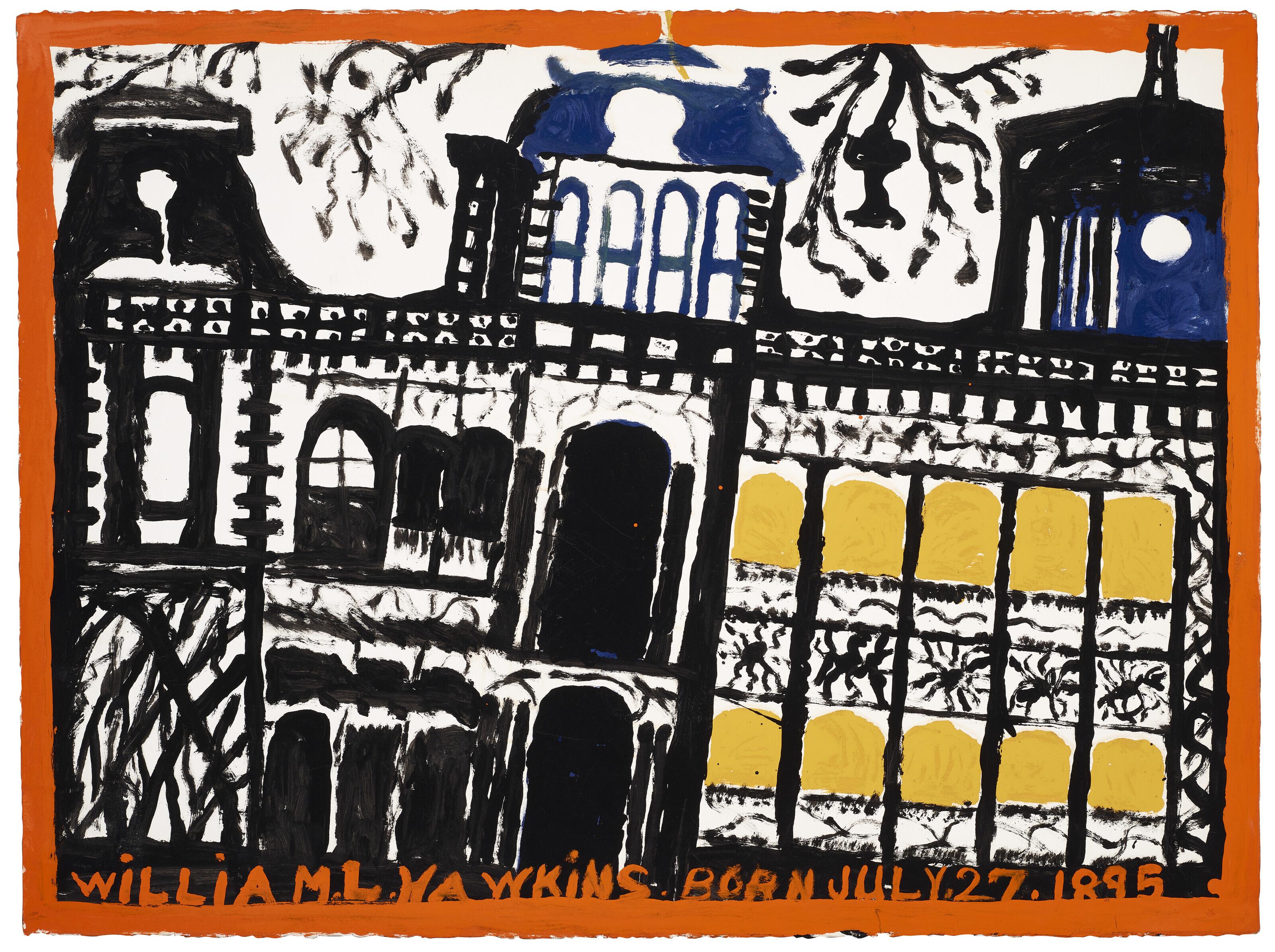 William Hawkins - Untitled (Black And Yellow Buildings)