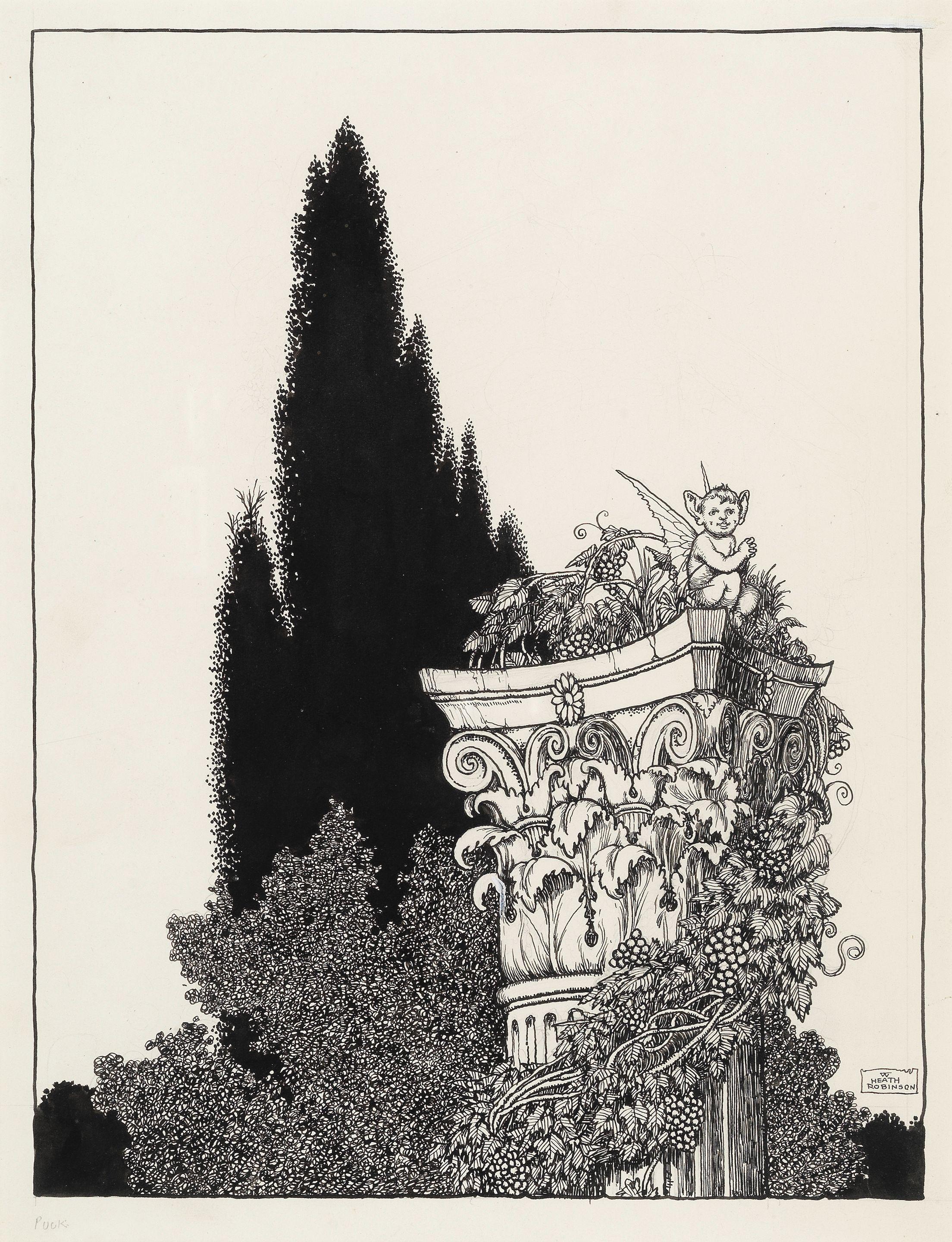 William Heath Robinson - A Midsummer\'s Night Dream: Puck on Top of a Column