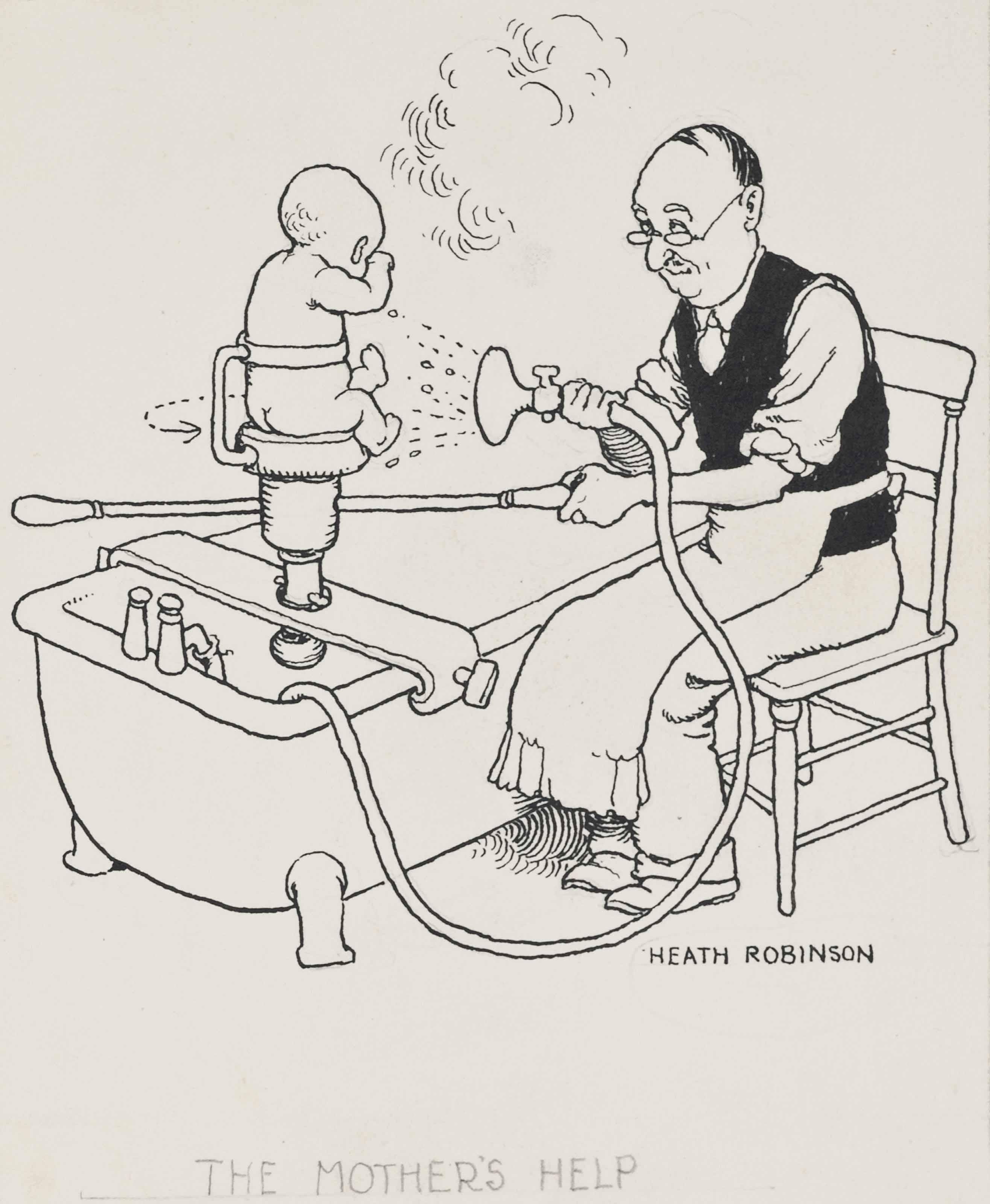William Heath Robinson - Four unframed pen and ink drawings including: A neat contraption for recovering collar studs; String accompaniment for the morning wash; Artistic way out of an awkward predicament; and The mothers help