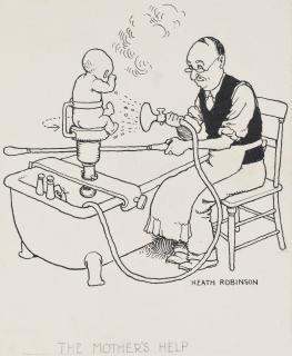William Heath Robinson - Four unframed pen and ink drawings including: A neat contraption for recovering collar studs; String accompaniment for the morning wash; Artistic way out of an awkward predicament; and The mothers help