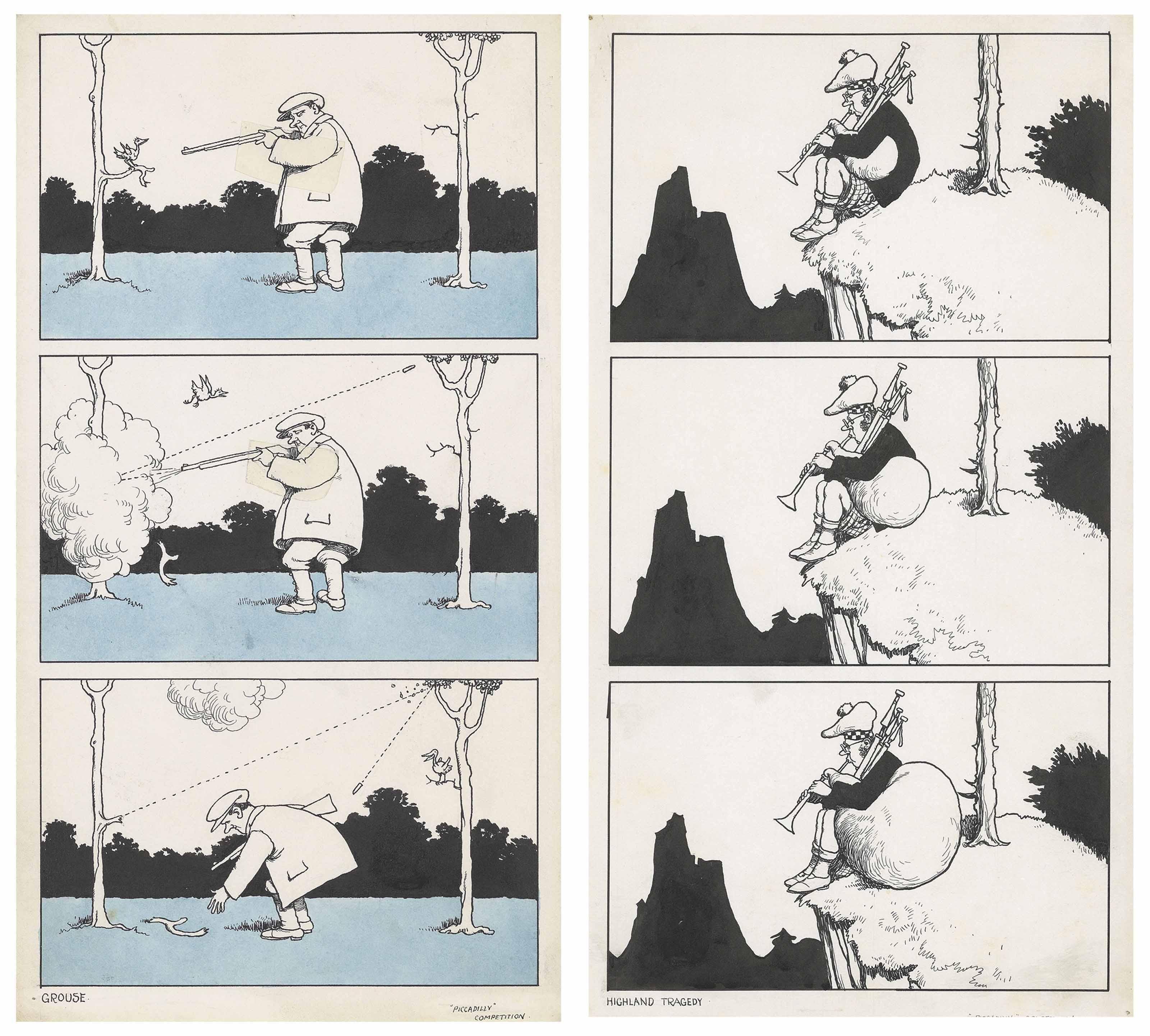 William Heath Robinson - Original Drawings For \'The Piccadilly Competition\', 1929: Grouse; And Highland Tragedy