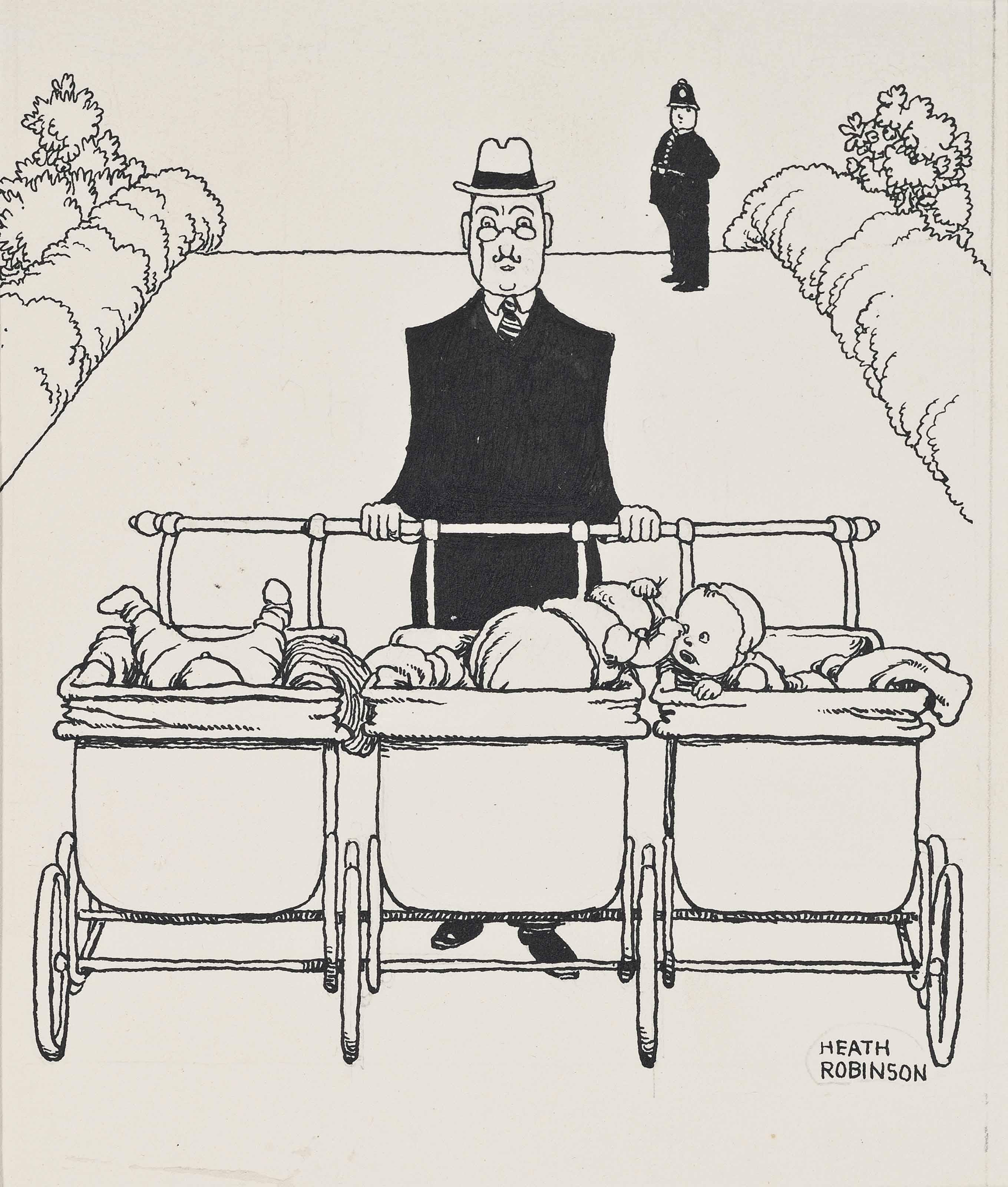 William Heath Robinson - The trip-pram for triplets (illustrated); and Preserving the figure
