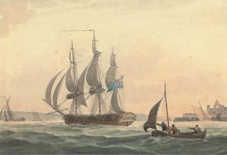 William Heath - A 36-gun frigate of the Royal Navy making sail out of Plymouth and passing the Citadel