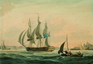 William Heath - Englisches Kriegsschiff und Segelboot vor der Küste