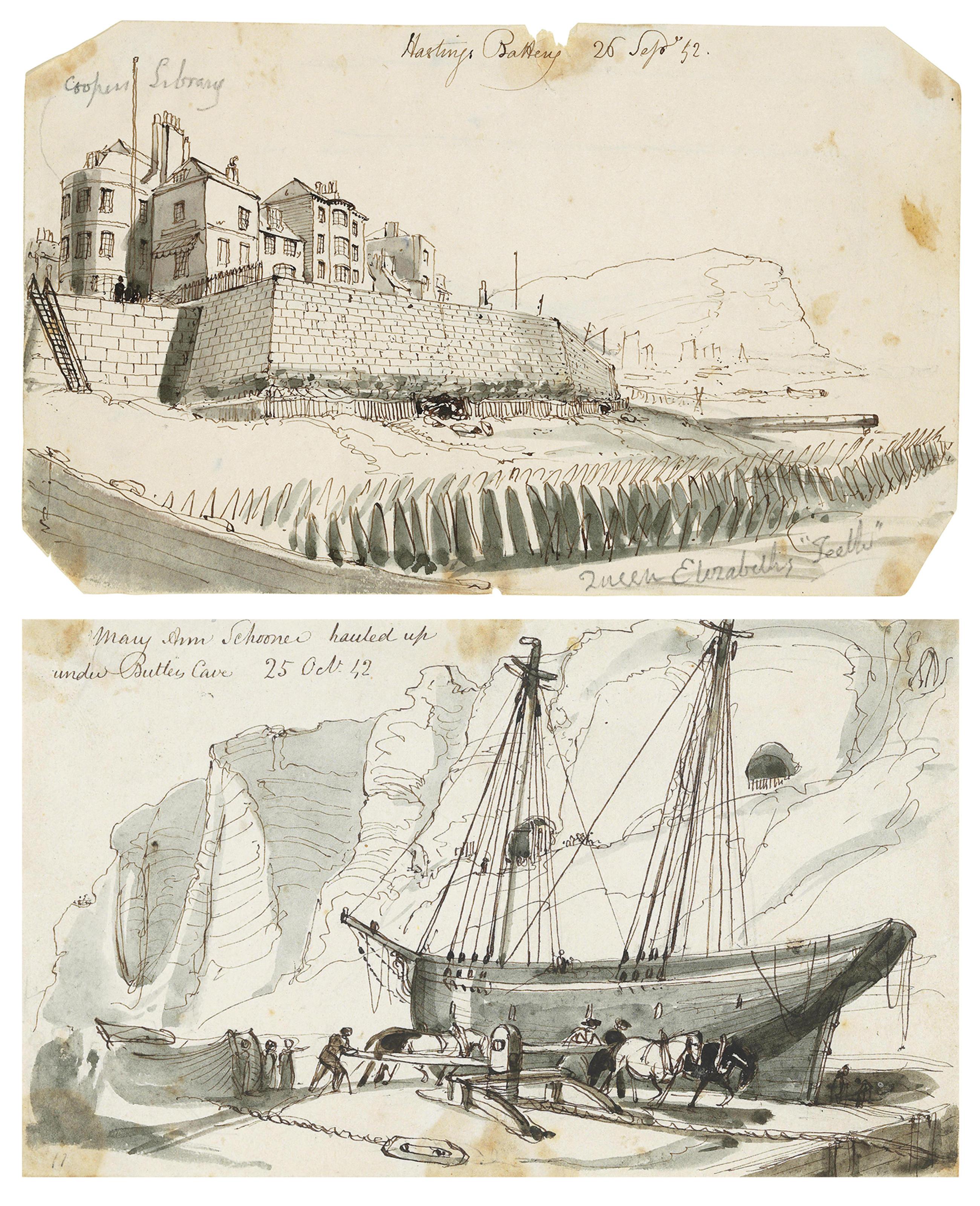 William Henry Brooke, A.R.H.A. - A beached Schooner at Butler\'s Cave; and Hastings Battery