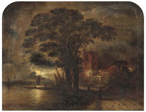 William Henry Crome - Chelsea Old Church at moonlight