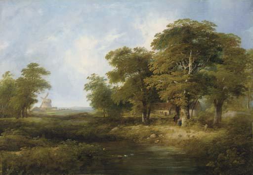 William Henry Crome - Figures by a cottage in a wooded landscape, a windmill beyond