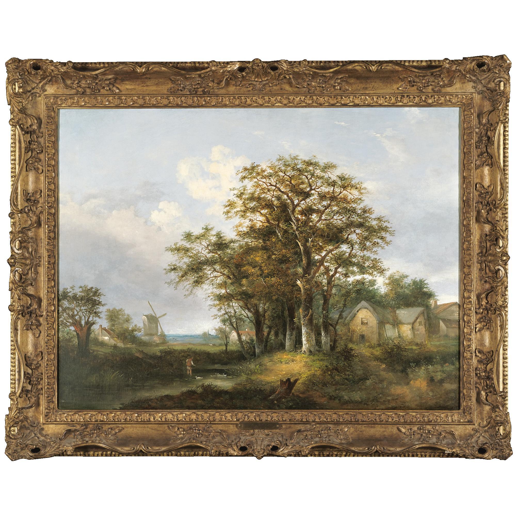 William Henry Crome - Landscape With A Young Boy Fishing, A Windmill Beyond