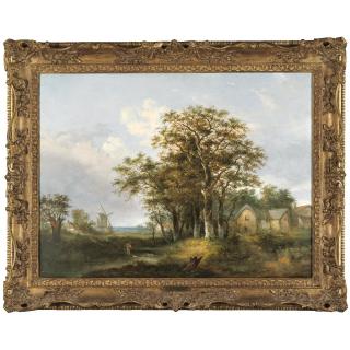 William Henry Crome - Landscape With A Young Boy Fishing, A Windmill Beyond