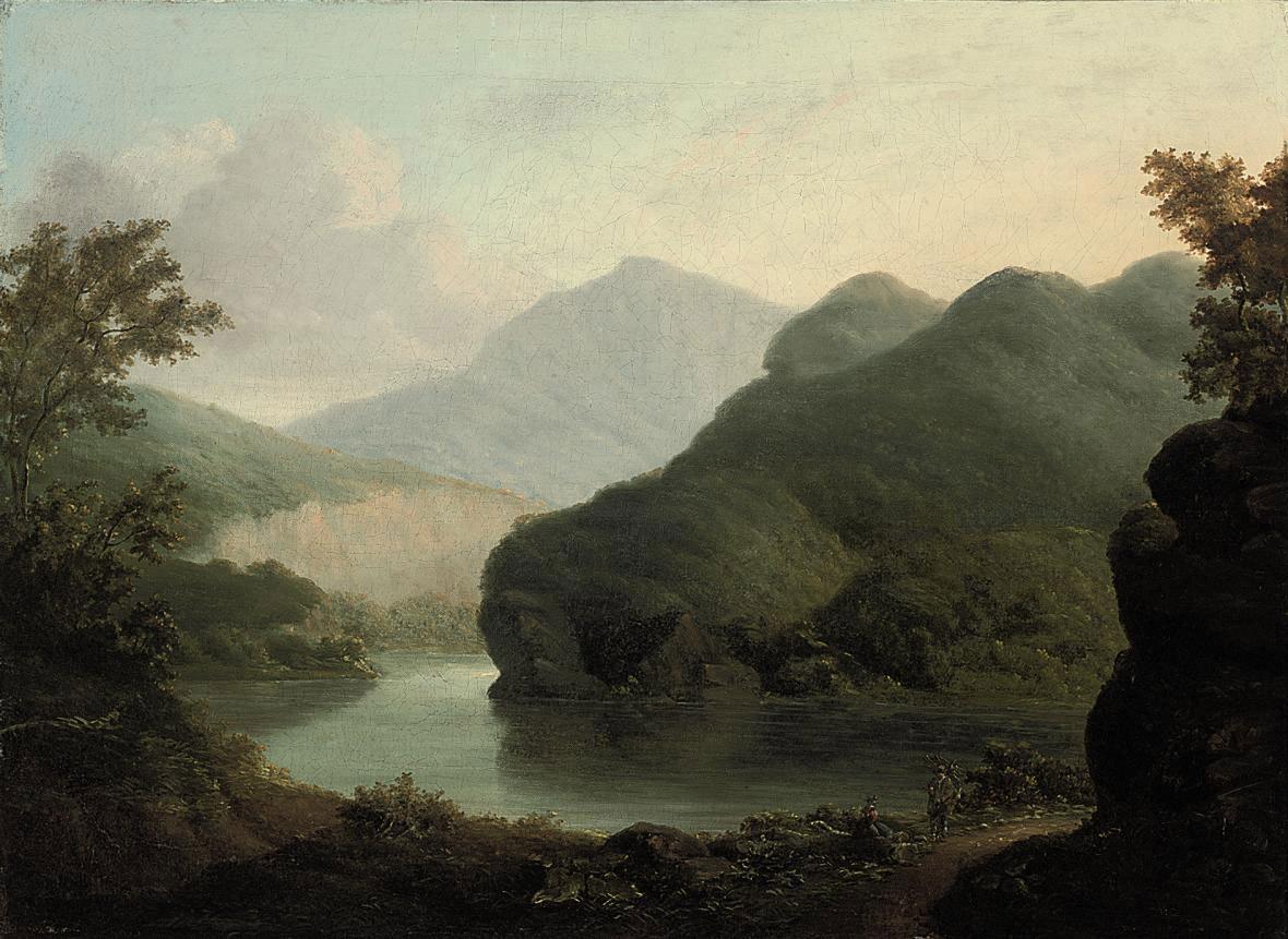 William Henry Crome - Two travellers resting by a lake, a mountainous landscape beyond