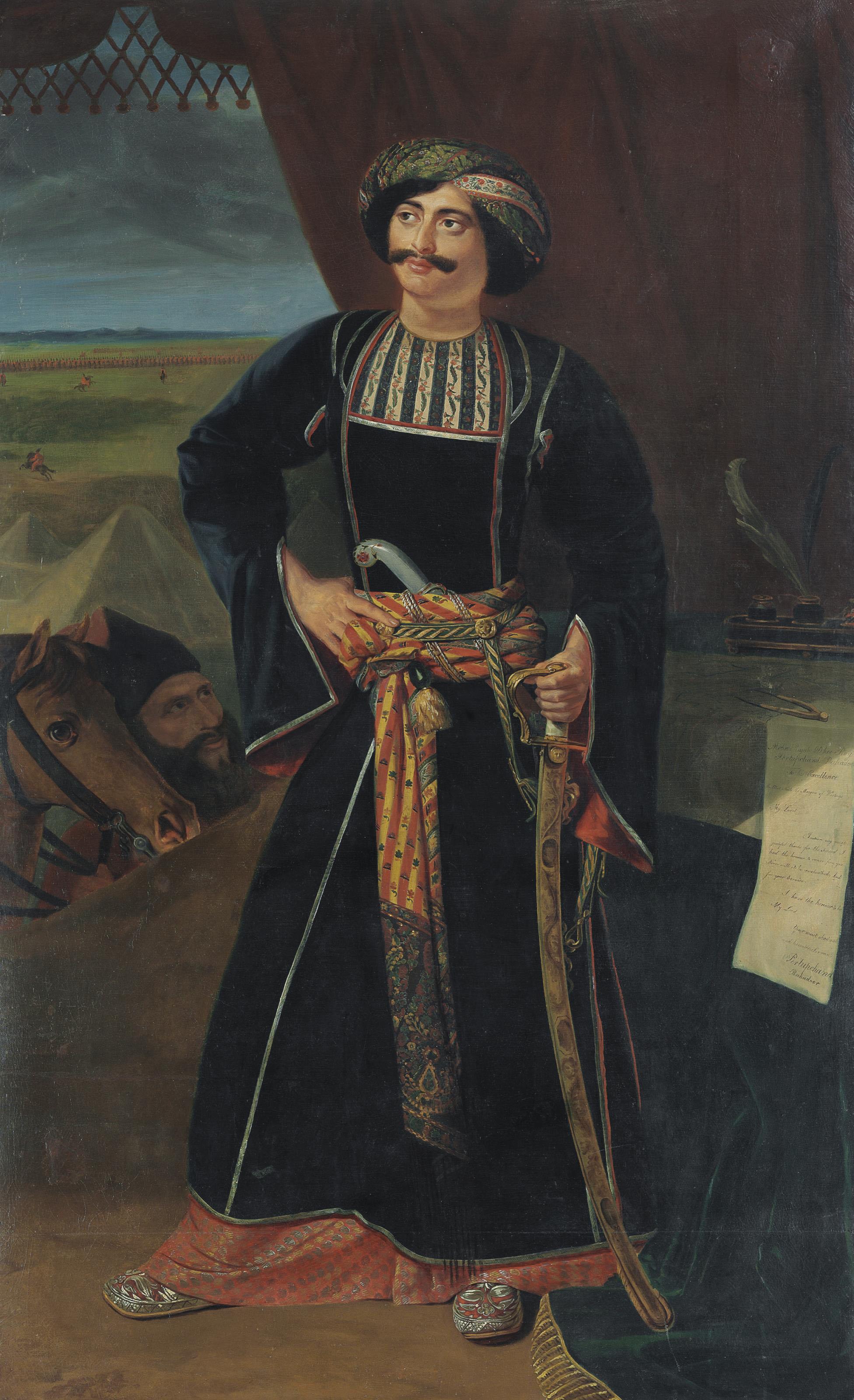 William Henry Flerio Hutchisson - Portrait Of Maharaja Pratap Chand, Standing Full-Length, Dressed As A Warrior, A Letter To Lord Hastings On A Table At Right