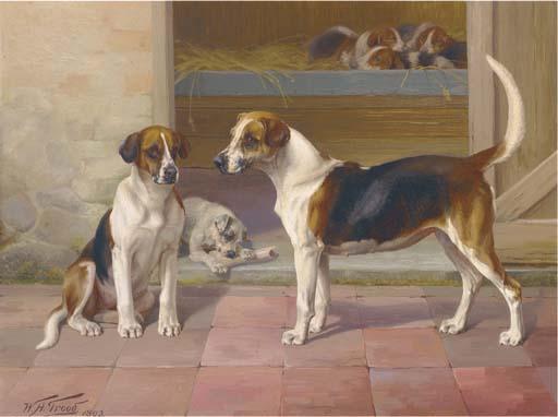 William Henry Hamilton Trood - Bashful and Freedom, two hounds before a kennel