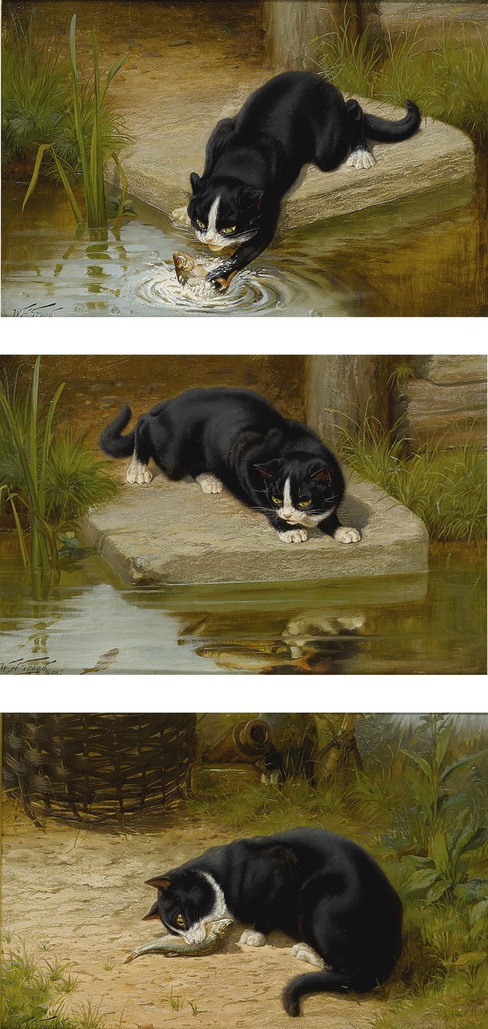 William Henry Hamilton Trood - British Feline Triptych: Deliberation, Determination, Satisfaction