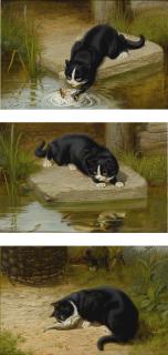 William Henry Hamilton Trood - British Feline Triptych: Deliberation, Determination, Satisfaction