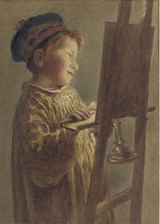 William Henry Hunt, O.W.S. - A young boy viewing a picture by candlelight