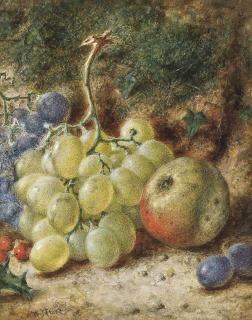 William Henry Hunt, O.W.S. - Grapes, an apple and holly berries on a mossy bank
