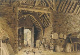 William Henry Hunt, O.W.S. - Interior of a barn with chickens