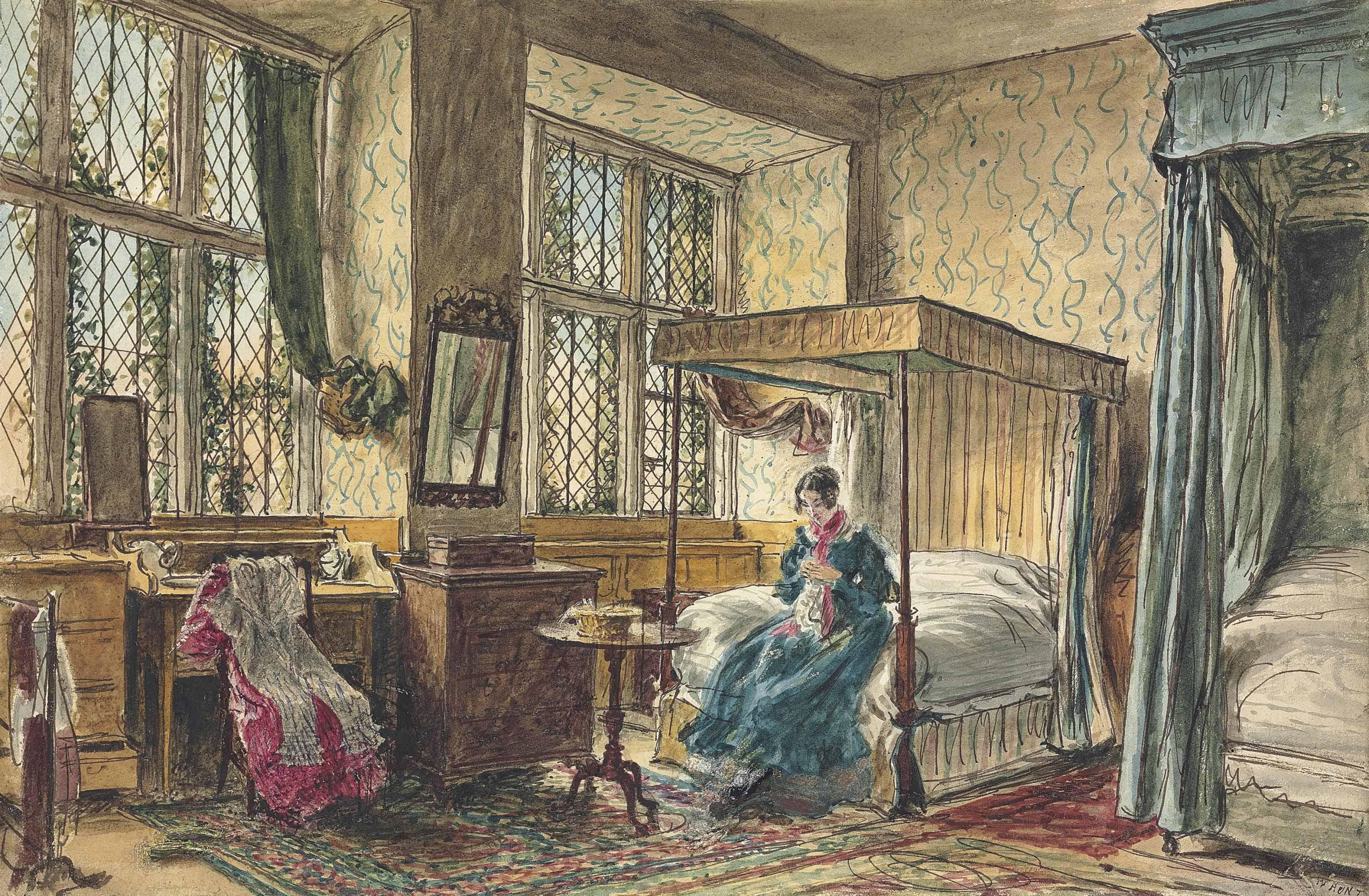 William Henry Hunt, O.W.S. - Miss Moore Sewing In Her Bedroom, Hardwick Hall, Derbyshire