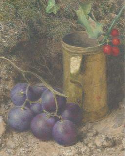 William Henry Hunt, O.W.S. - Still life of grapes, a tankard and a sprig of holly