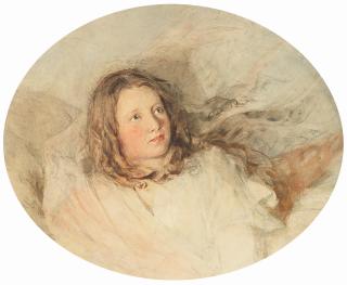 William Henry Hunt, OWS - Study of a reclining girl 27.6 x 32.7cm (10 7/8 x 12 7/8in). Oval