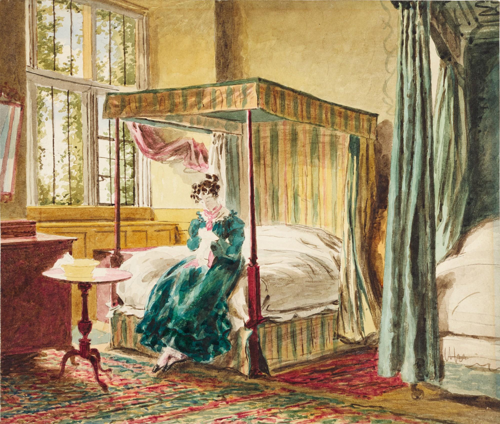 William Henry Hunt - A lady sewing in a bed chamber