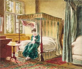 William Henry Hunt - A lady sewing in a bed chamber
