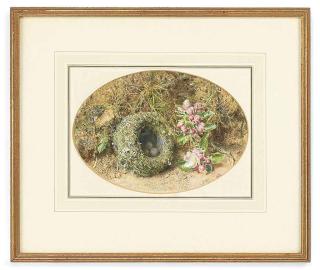 William Henry Hunt - Apple blossom and a bird\'s nest on a mossy bank