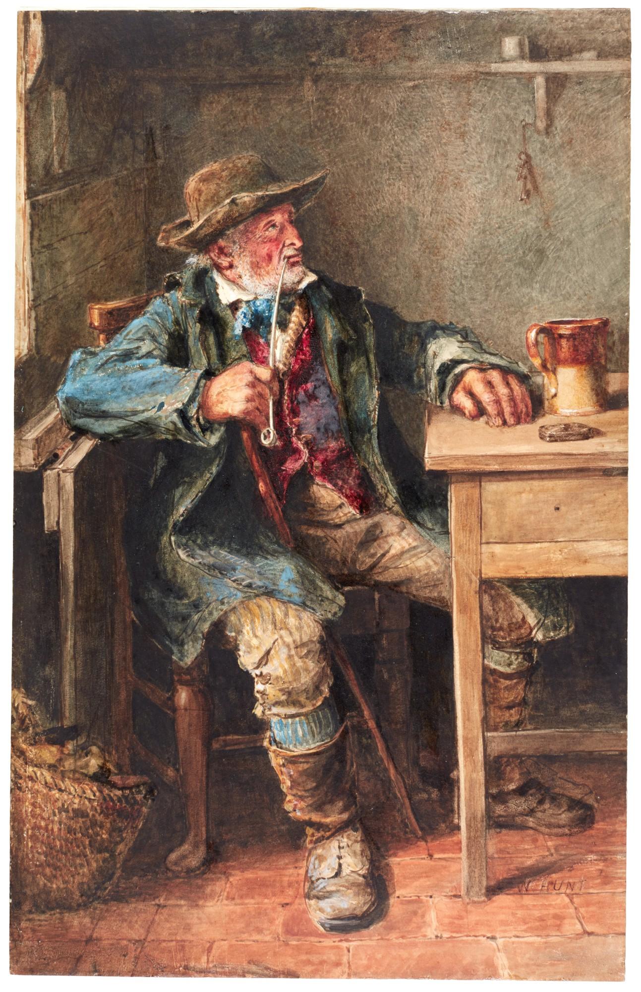 William Henry Hunt - Old Man with Pipe Seated at a Table