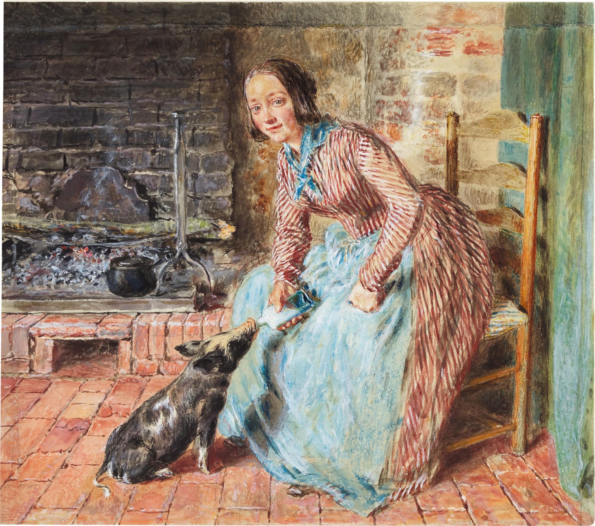 William Henry Hunt - \'The Orphan\': A woman bottle feeding a pig