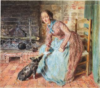 William Henry Hunt - \'The Orphan\': A woman bottle feeding a pig