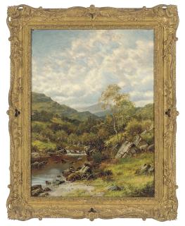 William Henry Mander - An extensive river landscape with a hunter