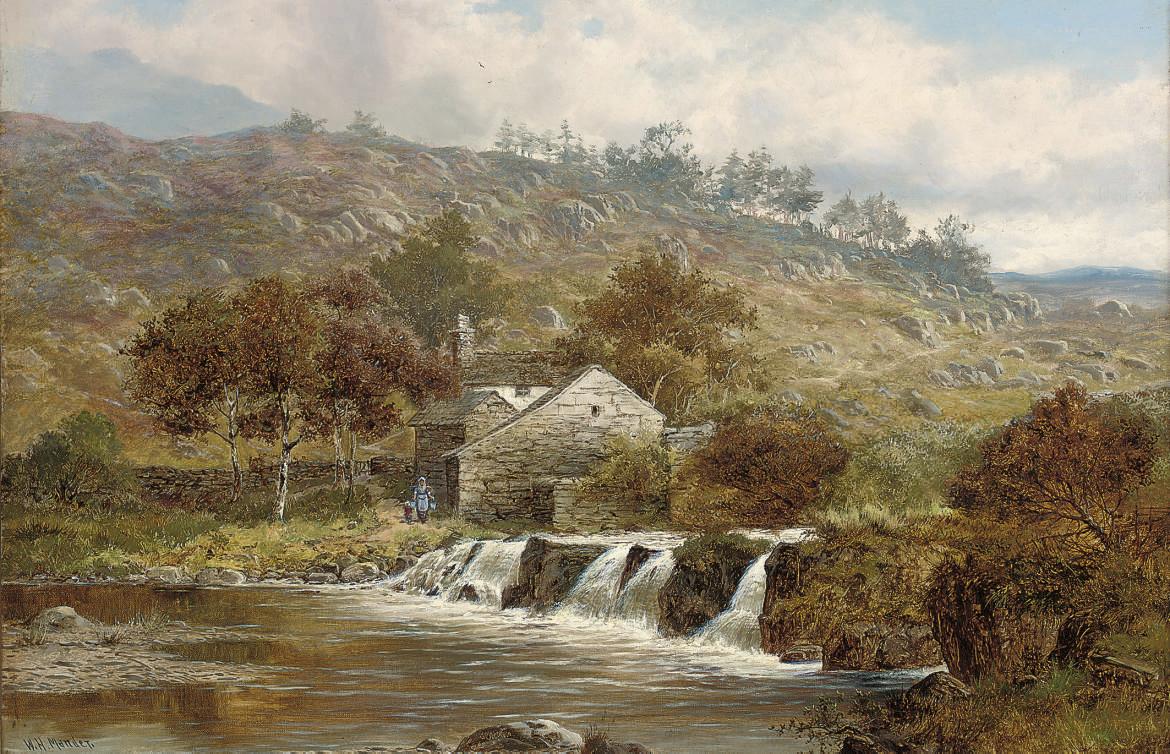 William Henry Mander - Figures beside a cottage beside a river