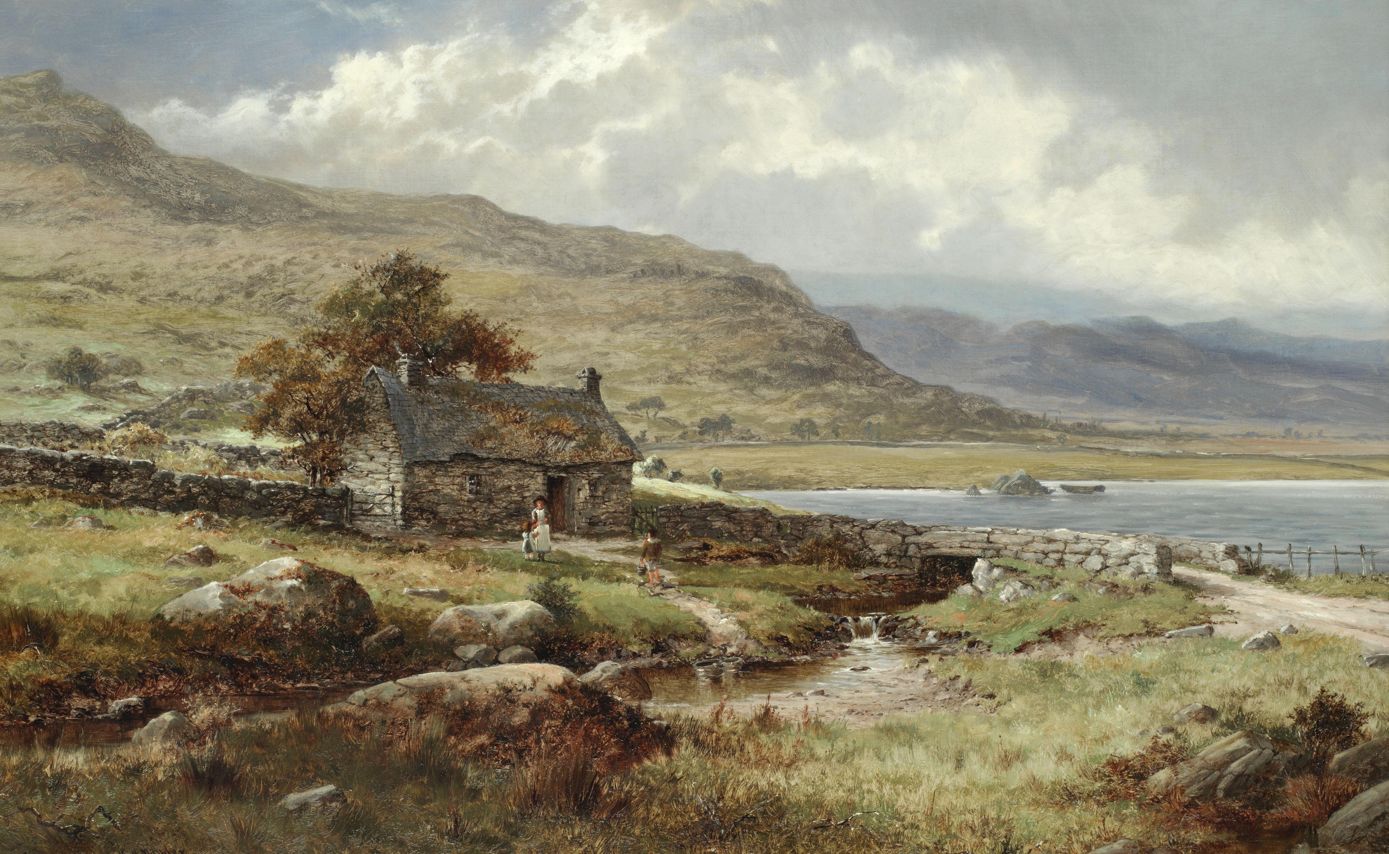 William Henry Mander - Highland landscape with children by a croft
