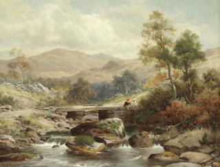 William Henry Mander - River landscape with children on a bridge; Fishing in the Highlands, a pair