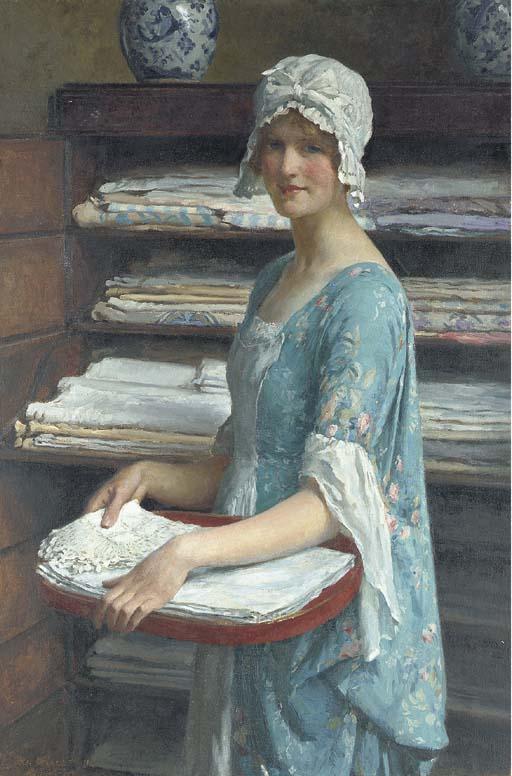William Henry Margetson, R.I., R.O.I. - Her Dower: A Study of A Girl Arranging Linen
