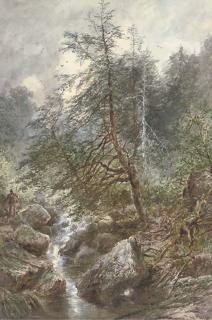William Henry Pike - An Angler By A Waterfall