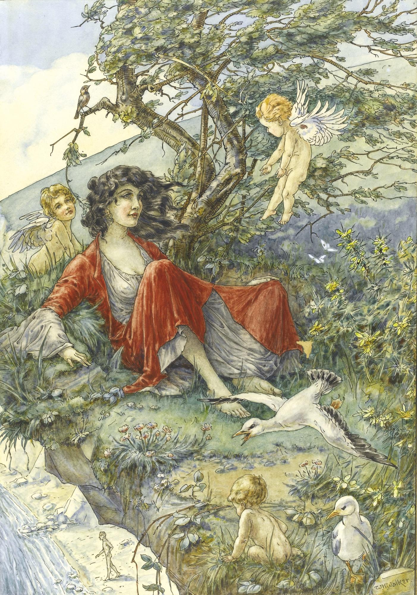 William Henry Walker - Girl In A Red Dress On A Cliff