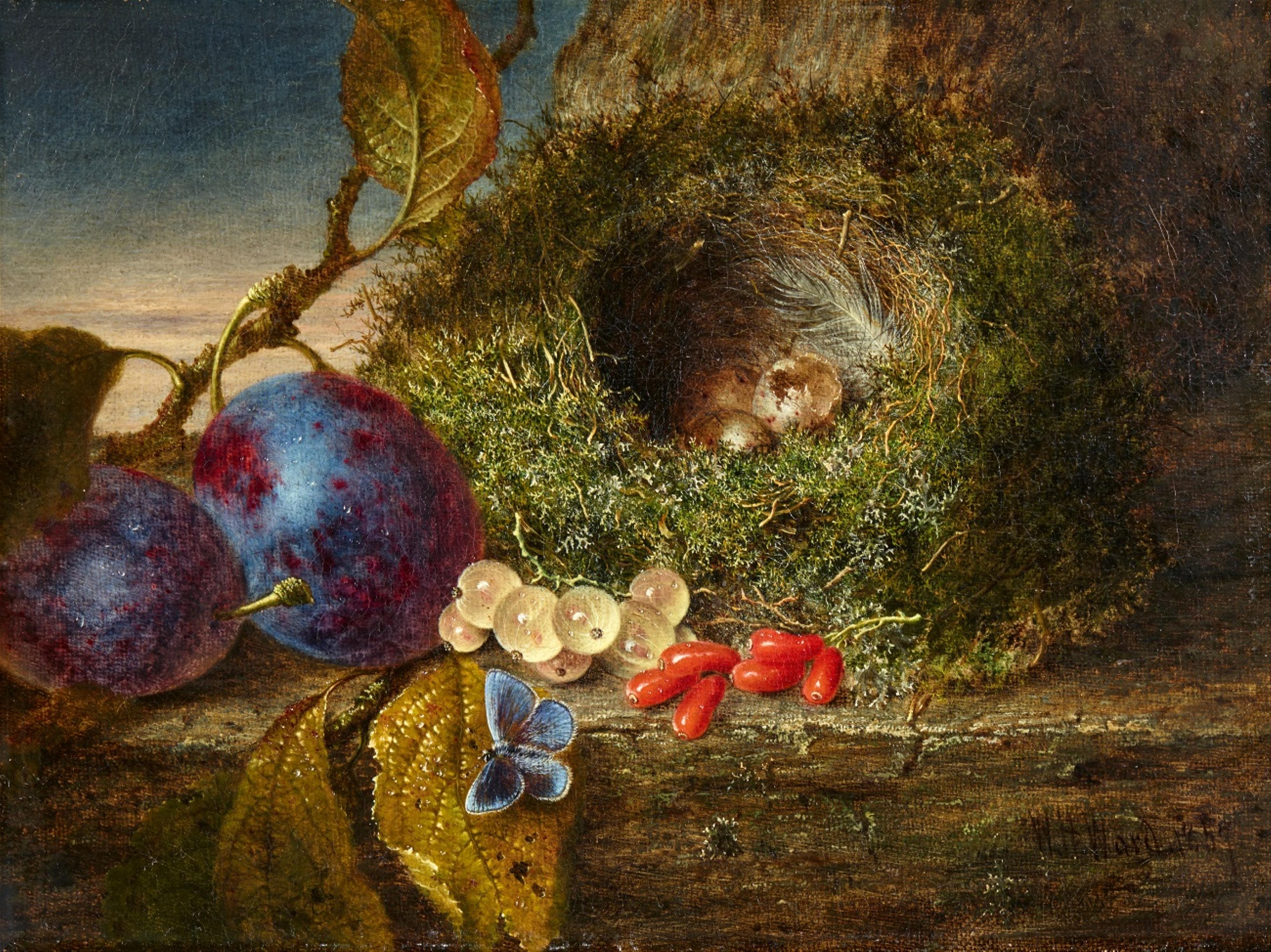 William Henry Ward - Stillleben mit Vogelnest, Zwetschgen, weißen Johannisbeeren, Hagebutten und einem Himmelblauen Bläuling (Polyommatus bellargus)