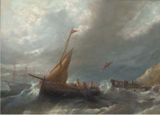 William Henry Williamson - Fishermen hauling in their nets in a gale off a jetty