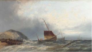 William Henry Williamson - Fishing boats heading out from the beach (one illustrated)