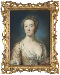 William Hoare of Bath, R.A. - Portrait of a lady, half-length, in a dress trimmed with yellow lace and ermine